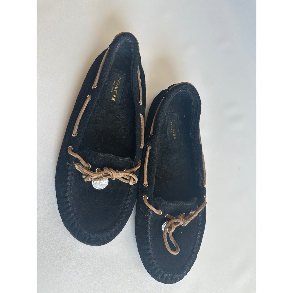 Coach Antonia Black Suede Shearling Lined Moccasin Slippers Womens 10B A8809